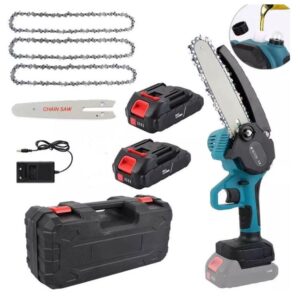 Mini Motosega – Sega a Catena Elettrica Portatile con 2 Batterie 88W e Barre Intercambiabili da 6 e 8 Pollici, Ideale per il Taglio del Legno, Potatura e Giardinaggio