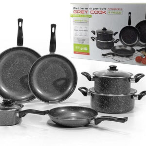 Batteria di pentole antiaderenti grey cook 9 pezzi in acciaio al carbonio effetto marmorizzato