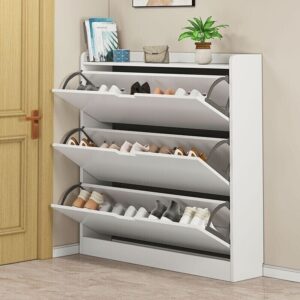 Scarpiera salvaspazio mobile porta scarpe 3 ante a ribalta in bianco 110x80x17cm
