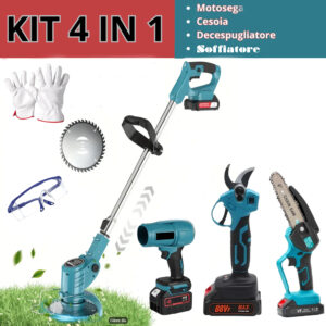 Kit Giardinaggio 4 in 1 – Motosega Elettrica 6" + Cesoia + Tagliarba + Soffiatore + 2 Batterie 88V al Litio Ricaricabili + Occhiali e Guanti