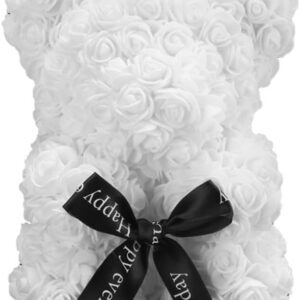Orsetto con Rose Artificiali Fatto a Mano 25 cm (Bianco)