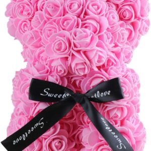 Orsetto con Rose Artificiali Fatto a Mano 25 cm (Rosa)