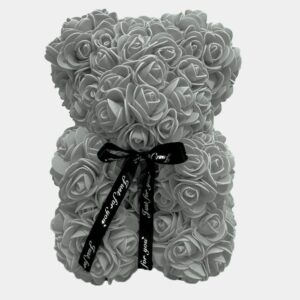 Orsetto con Rose Artificiali Fatto a Mano 25 cm (Grigio)