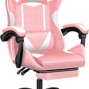 Sedia Poltrona da Gaming Regolabile con Poggiapiedi, Poggiatesta e Cuscino Lombare (rosa - bianco)