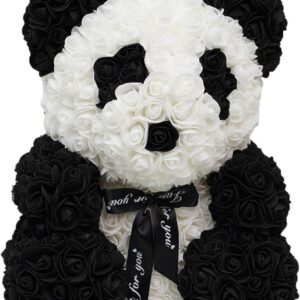 Panda con Rose Artificiali Fatto a Mano 25 cm (Bianconero)