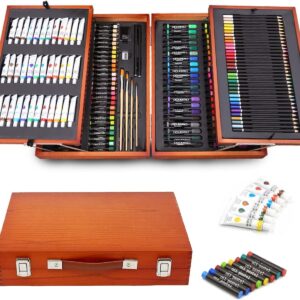 Set da Disegno Portatile Bambini JasCherry – 172 Pezzi, Matite Acquerellabili, Pennarelli e Pastelli in Valigetta di Legno
