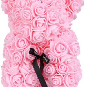 Orsetto con Rose Artificiali Fatto a Mano 25 cm (Rosa Chiaro)