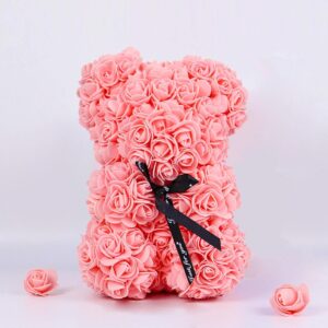 Orsetto con Rose Artificiali Fatto a Mano 25 cm (Pesca)