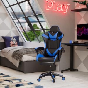 Sedia Poltrona da Gaming Regolabile con Poggiapiedi, Poggiatesta e Cuscino Lombare (nero -blu)