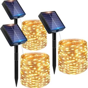 3 x Luci Solari Bianco Caldo da Esterno 10m – 100 LED – 8 Modalità di Illuminazione – Impermeabili IP65 – Catena Luminosa per Giardino, Patio, Matrimonio, Feste