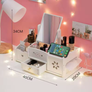 Elegante Organizer Cosmetici in Legno Bianco con Cassetto e Specchio – Scatola Porta Trucco da Tavolo per Skincare e Gioielli