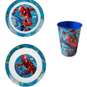 Set Pappa Spiderman Uomo Ragno Marvel 2 Piatti + Bicchiere Bambino