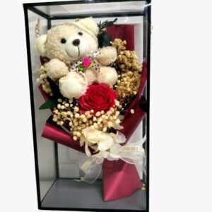 Elegante Confezione Regalo con Peluche, Fiore Stabilizzato e Decorazioni Pregiate