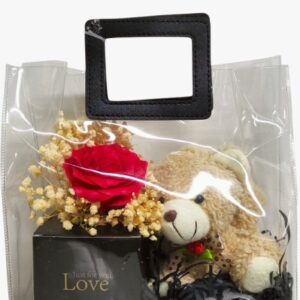 Confezione Regalo Elegante con Orsetto, Rosa e Accessori Decorativi