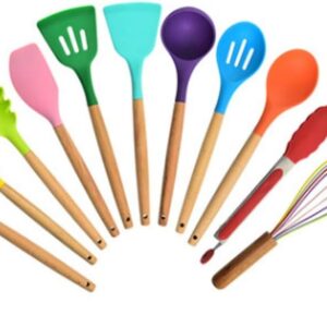 Set da cucina 12 pezzi in silicone e legno mestoli colorati nuovi