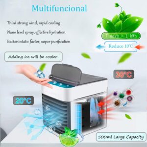 Mini Raffreddatore D'aria USB Condizionatori Portatili Personale Air Cooler 3 in 1 Evaporativo Umidificatore Purificatore con 3 Velocità 7 Colori Luce per Casa Ufficio