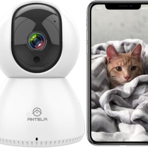 ANTELA Telecamera Wi-Fi da Interno 1080P FHD, PTZ 355°/90°, Audio Bidirezionale, Visione Notturna IR, Rilevamento Movimento, Compatibile con Alexa e Google Home, Dual Wi-Fi 2.4/5GHz