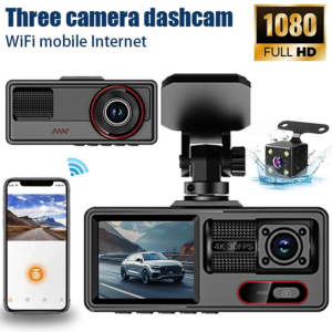 Dash Cam per Auto a 3 Canali con Visione Notturna – Registrazione Full HD 1080P, Monitoraggio Parcheggio 24H, Camera Anteriore/Interna/Posteriore