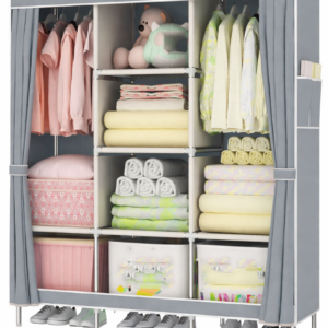 Armadio Pieghevole Portatile in Tessuto con Ripiani e Barra Appendiabiti 128x45x170 – Guardaroba Organizzatore Multifunzione – Colore Grigio