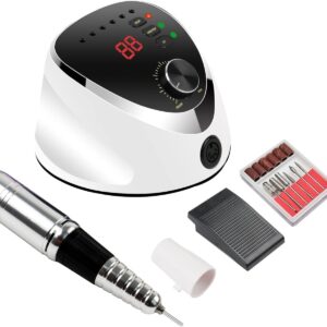 Fresa per Unghie Professionale 35000 Giri – Trapano Elettrico per Manicure e Pedicure con Pedale, Display LED, Punte e Bande Abrasive
