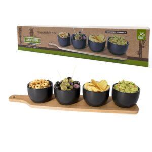 Antipastiera set aperitivo 4 ciotole in ceramica nera base bamboo