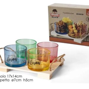 Antipastiera con base in legno e 4 ciotoline in vetro