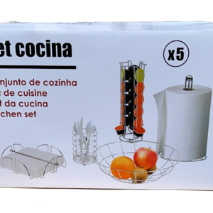 Set da cucina con porta capsule, rotolo, cesto frutta portatovaglioli e portaposate