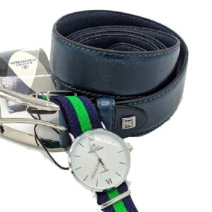 Set uomo box regalo 874-35 furstenberg Cintura Uomo Blu Cinta 125 cm Fodera in Pelle con Orologio Stoffa Verde e Blu