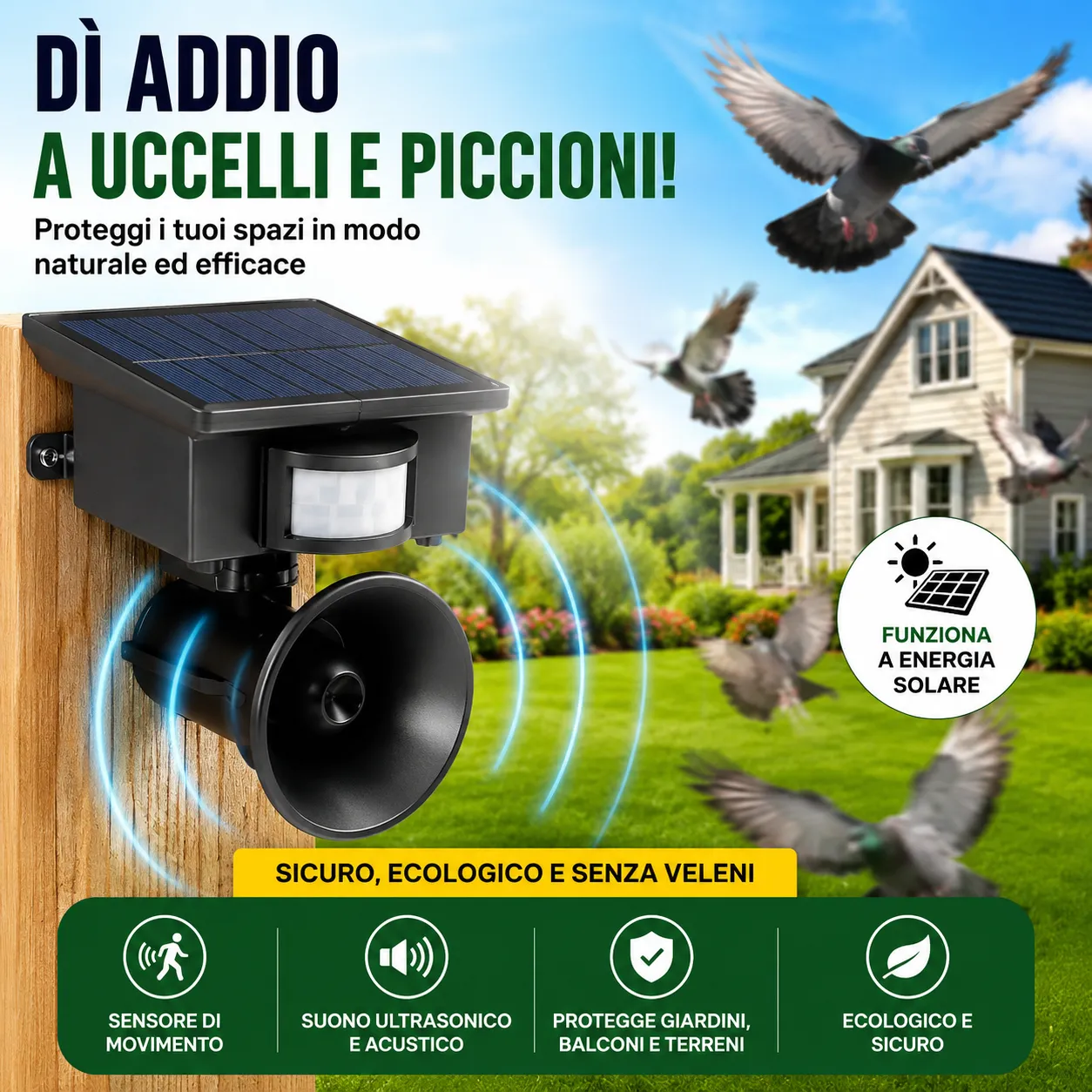 Dissuasore Scaccia Volatili con Sensore PIR – Allontana Piccioni, Colombi, Merli, Storni e Uccelli – Suoni Falco Gufo Aquila – Copertura fino a 4000 m²