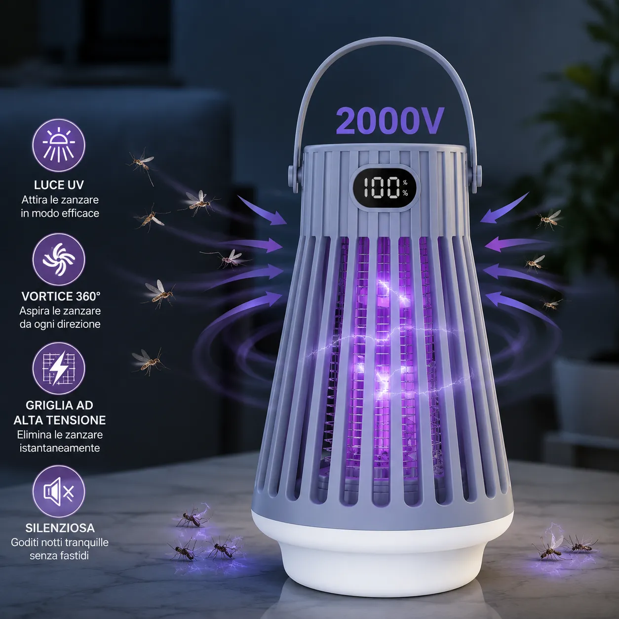 Zanzariera Elettrica LED  2000V Ammazza Zanzare USB Repellente Multifunzione