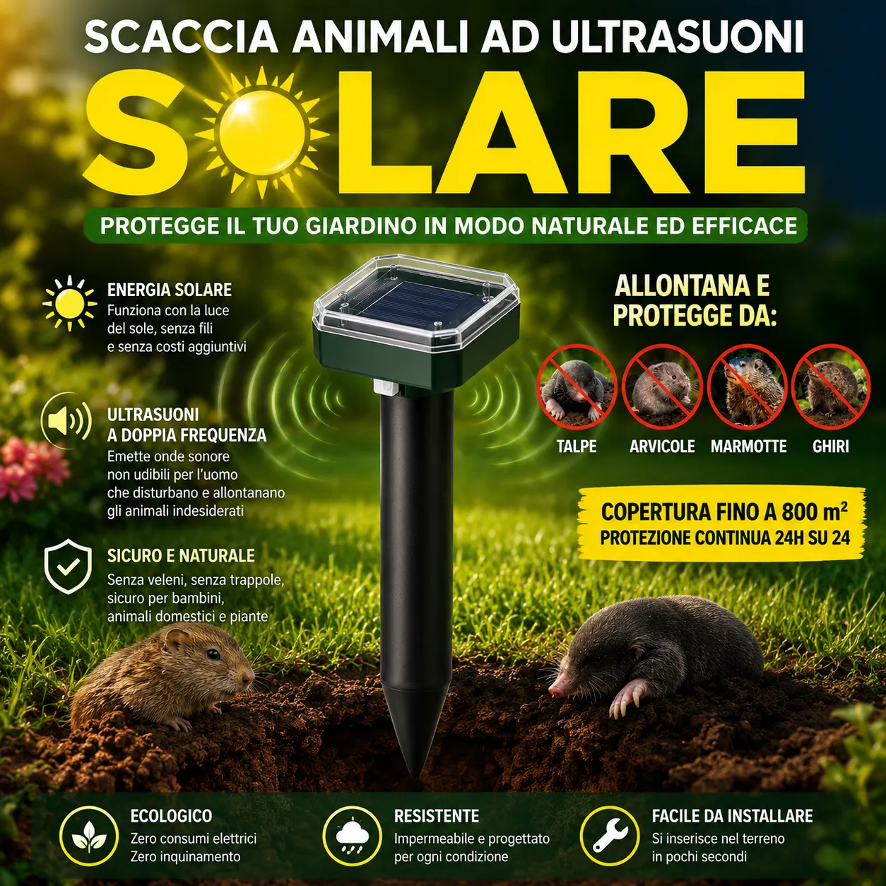 Scaccia Talpe Solare ad Ultrasuoni – Dissuasore per Talpe, Arvicole e Roditori da Giardino | Ricarica Solare
