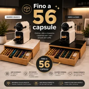 Cassetto Portacapsule e Cialde in Bamboo con Piano in Vetro – Organizer Salvaspazio per Macchina Caffè – Nero Lucido o Marmo Bianco – Fino a 56 Capsule