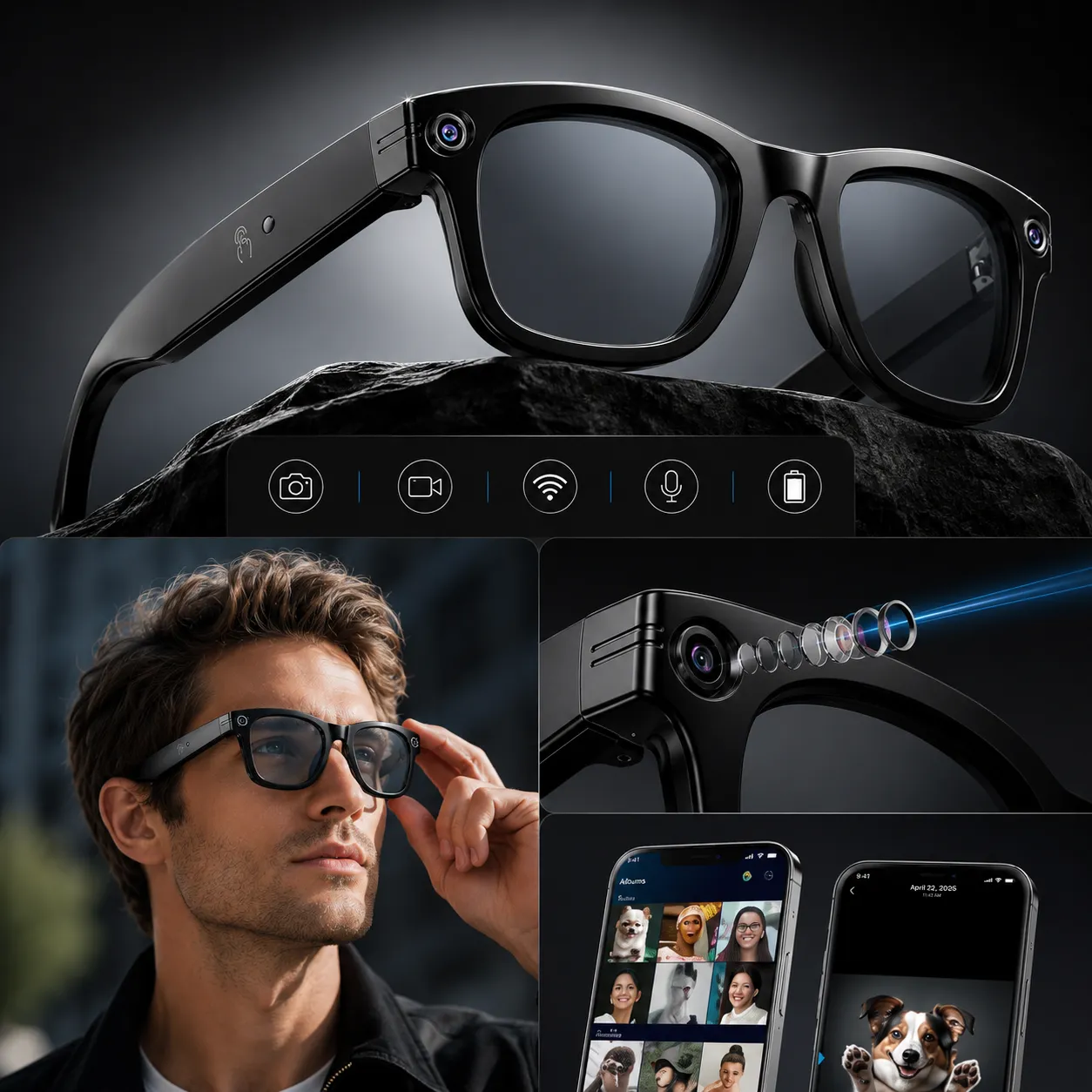Occhiali Smart AI con Telecamera HD 8MP, Assistente Vocale, Bluetooth 5.4, Foto e Video, Speaker Integrati, Touch Control, USB-C